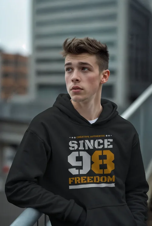 Urban Mockup of a Young Model in a Soft White Hoodie