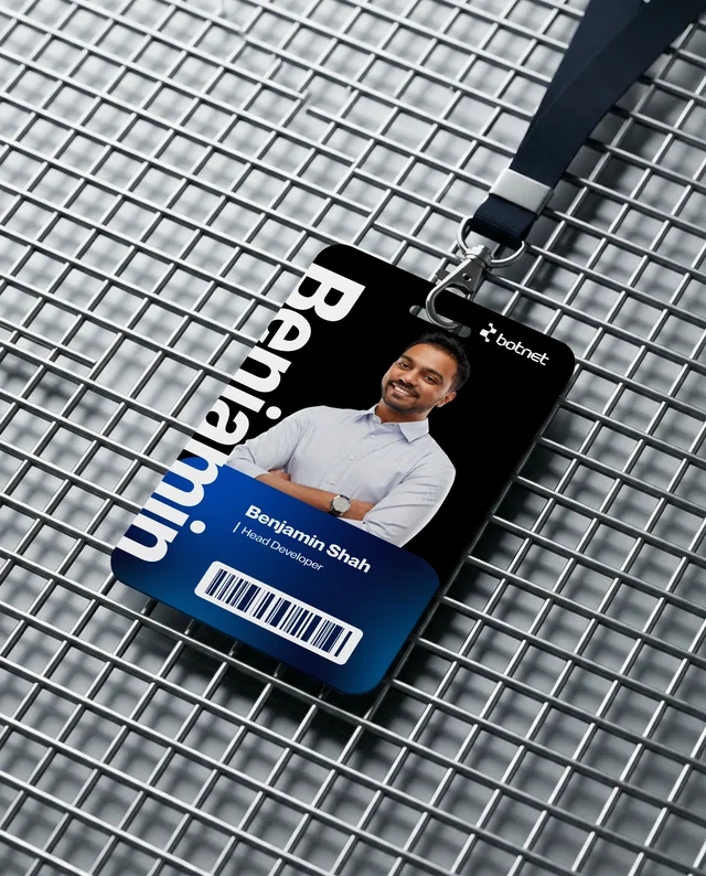 Blank ID Card Mockup with Navy Blue Lanyard on Grid