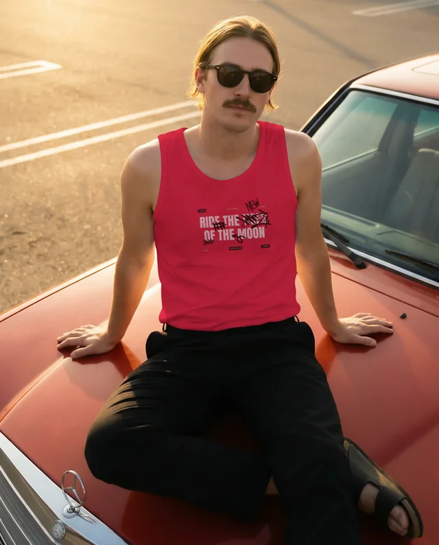 Vintage Car Mockup with Young Man in Casual Tank Top