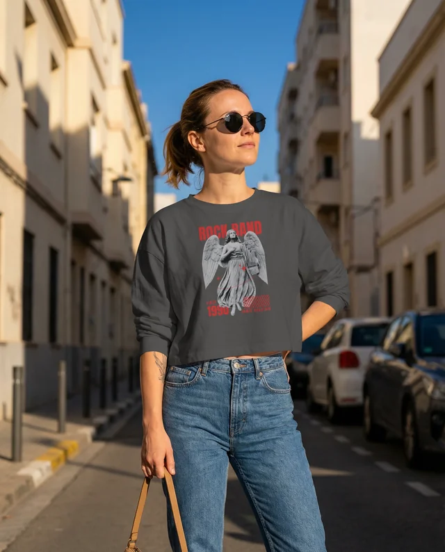 Chic Urban Crop Top Mockup of Confident Young Woman