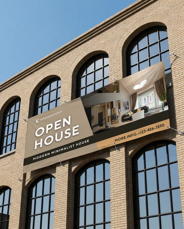 Large White Banner Mockup on Modern Brick Wall