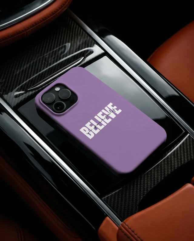 Sleek White Phone Cover Mockup on Luxury Car Console