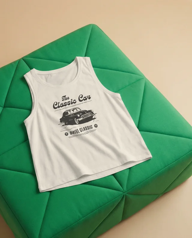 Casual White Tank Top Mockup on Green Geometric Cushion