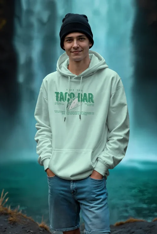 Vibrant Waterfall Mockup with Cozy Hoodie and Colors