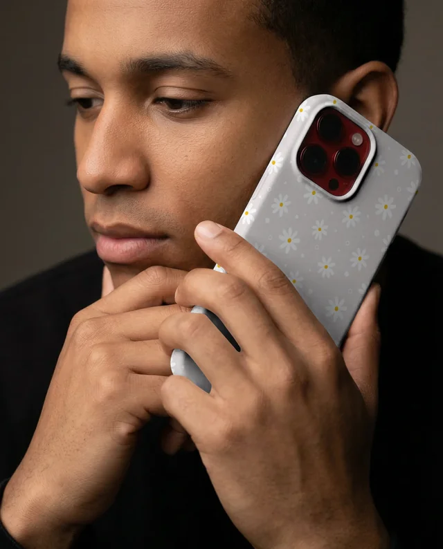Thoughtful Young Man with Sleek Phone Cover Mockup