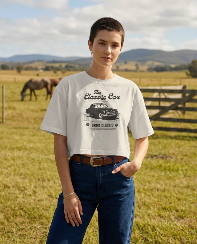 Confident Woman in Crop Top Mockup in Rural Landscape