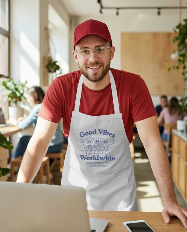 Cheerful Young Man in Apron Mockup at Modern Café