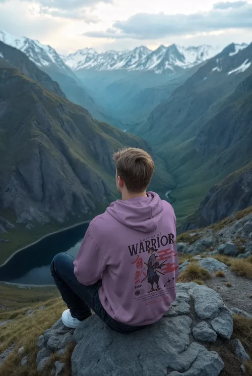 Tranquil Mountain Mockup with Soft Colors and Hoodie
