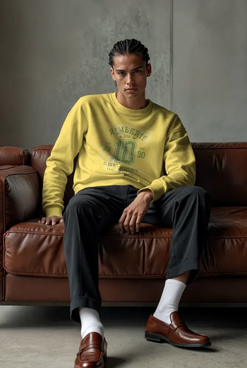 Stylish Mockup of a Young Male in a Cream Sweatshirt