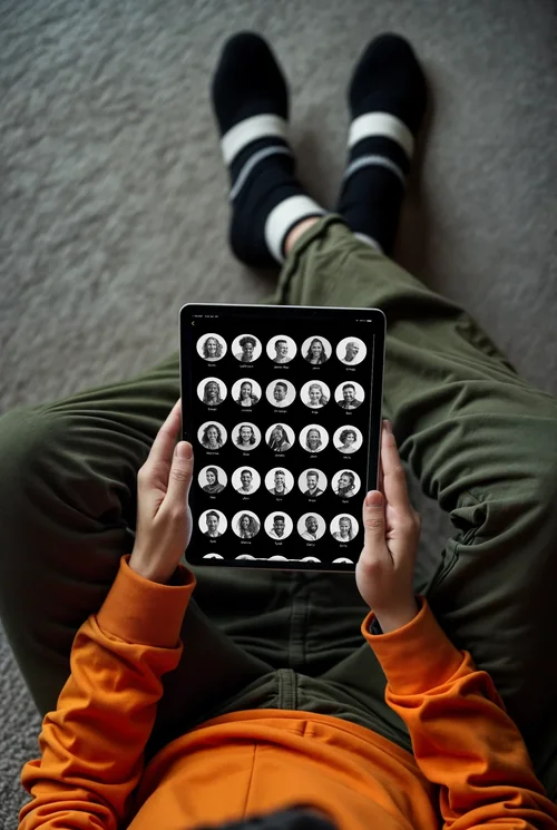 Casual iPad Mockup: Relaxed Pose on Gray Carpet