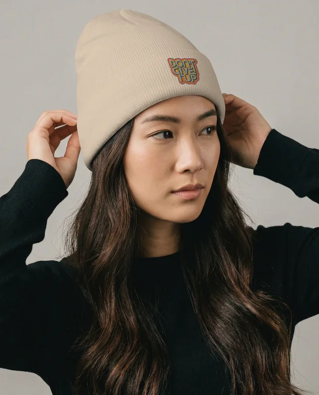 Contemporary Beanie Mockup with Young Woman in Minimalist Style