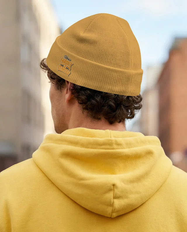 Cozy Young Man in Yellow Hoodie and White Beanie Mockup