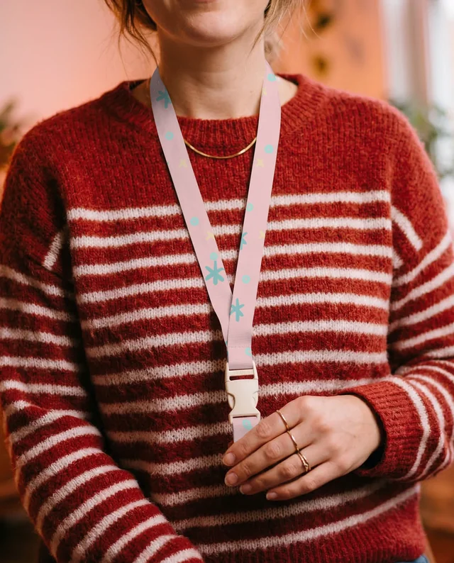 Cozy Indoor Mockup Featuring Woman with Lanyard