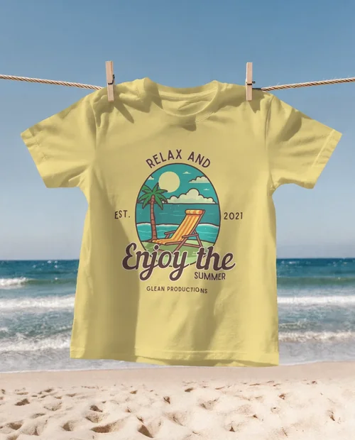 Summer T-Shirt Mockup on a Clothesline by the Beach