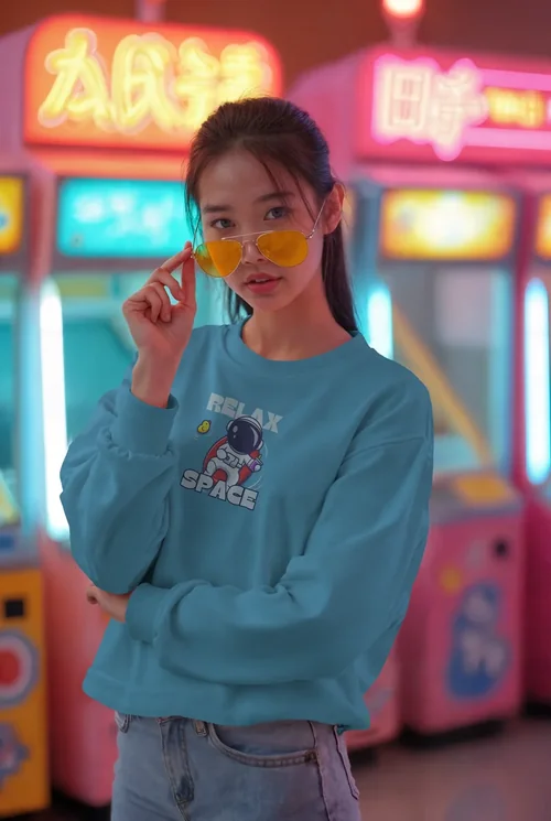 Trendy Sweatshirt Mockup in a Vibrant Arcade Setting