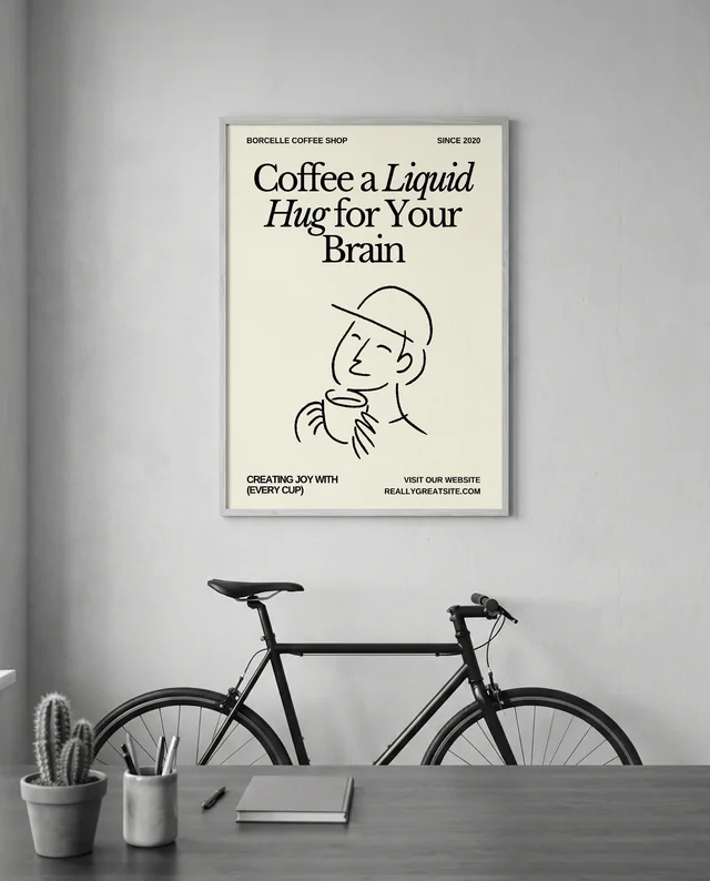 Minimalist Poster Mockup with Black Bicycle and Desk