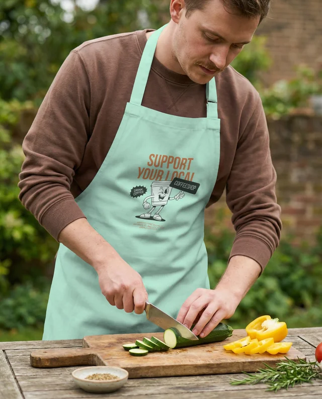 Young Man in Apron Chopping Zucchini Mockup in Garden