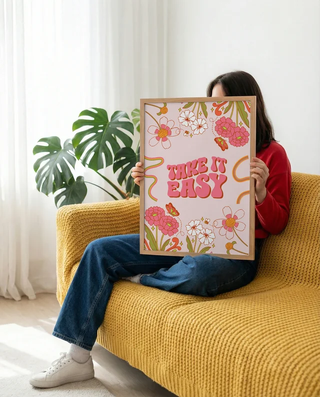 Cozy Living Room Mockup with Poster Frame