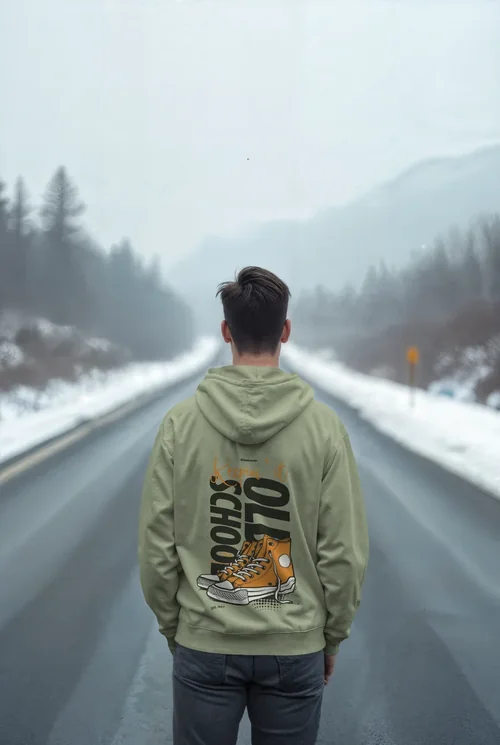 Mockup of a Solitary Figure in a Hoodie with Foggy Background