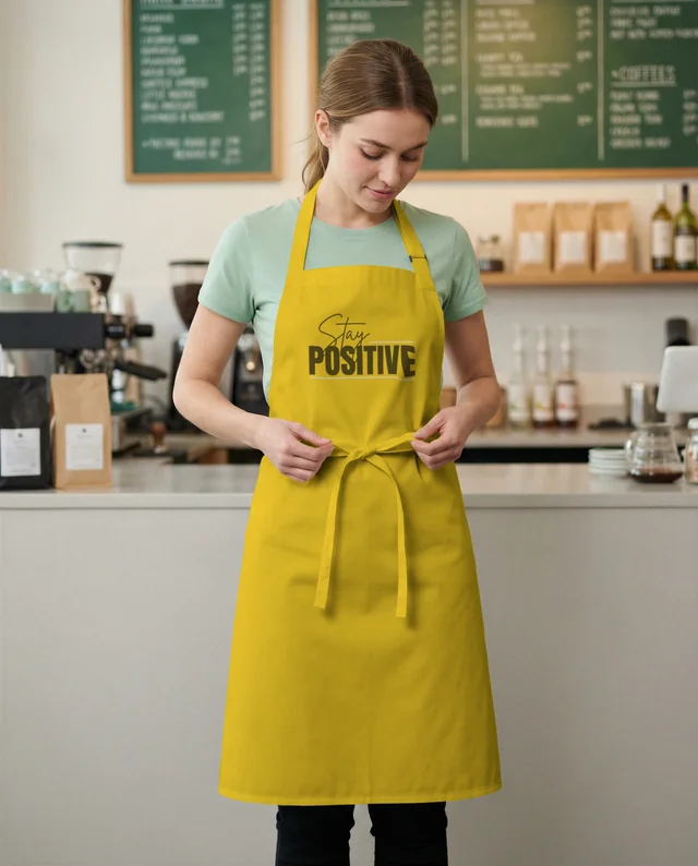 Cozy Café Mockup Featuring Young Woman in Apron