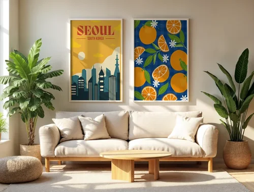 Serene Living Room Mockup with Soft Beige and Green Poster