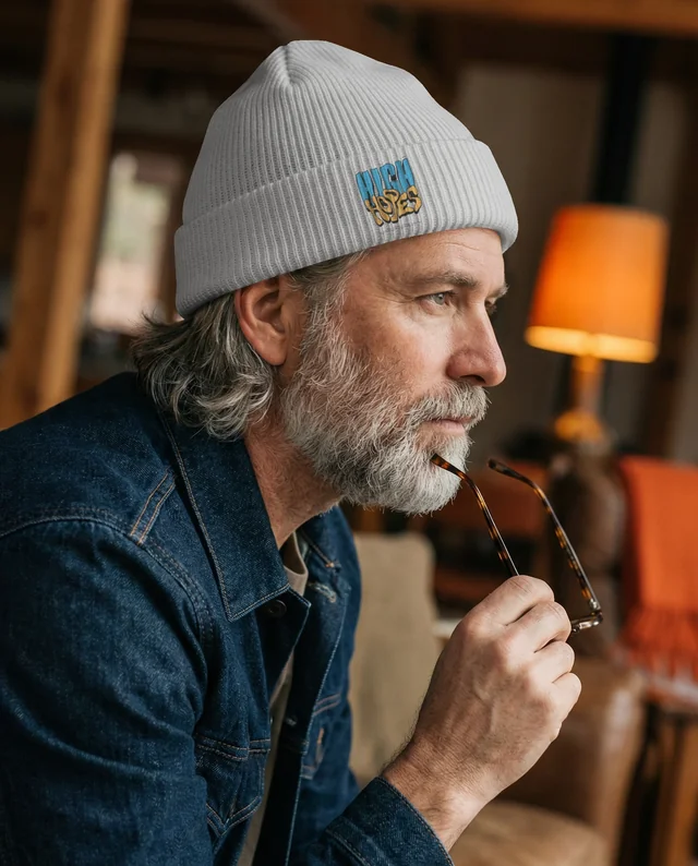Thoughtful Man in Cozy Beanie Mockup for Warm Interiors