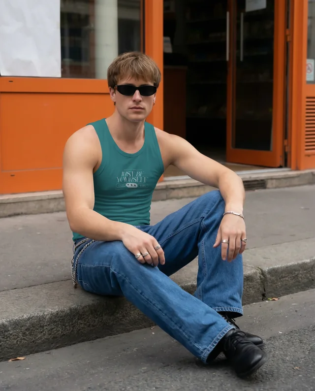 Casual Young Man in Fitted Tank Top Urban Mockup Scene