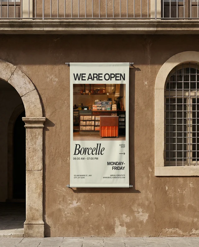Rustic Building Facade with Blank Banner Mockup Design