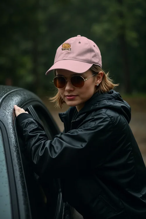 Casual Mockup of a Woman in a Hat and Cap by Car Window