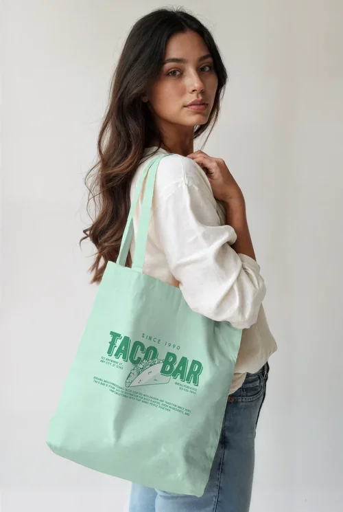 Stylish Tote Bag Mockup with Young Woman in Casual Outfit