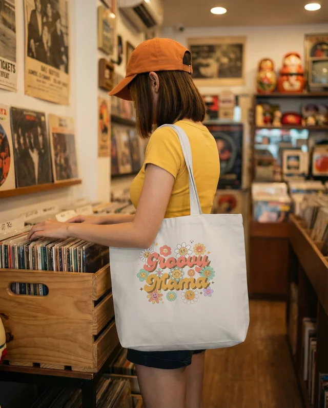 Stylish Mockup of a Tote Bag in a Cozy Record Store