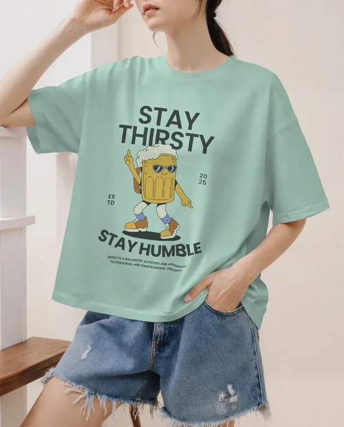 Stylish T-Shirt Mockup of a Young Woman in Casual Setting