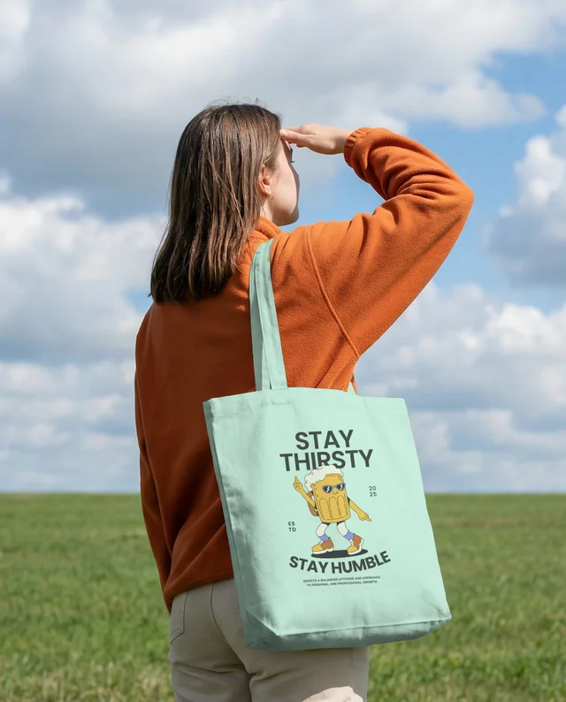 Young Woman in Field with Tote Bag Mockup