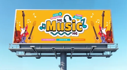 Vibrant Billboard Mockup Against Clear Blue Sky