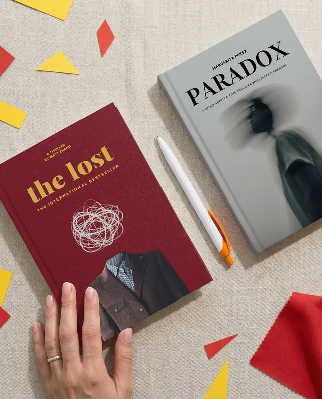 Stylish Mockup of Blank Books on Beige Fabric