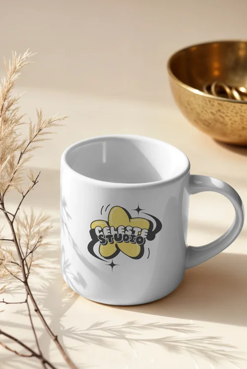 Elegant Mug Mockup on Light Taupe Background with Colors