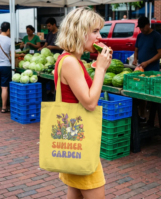 Vibrant Farmer's Market Mockup with Tote Bag