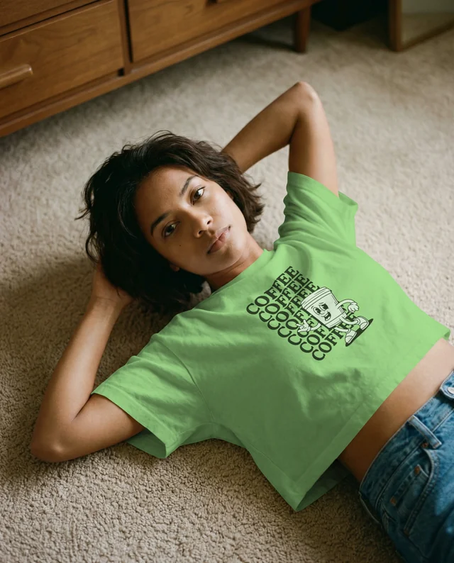 Cozy Mockup of Young Woman in Crop Top on Carpet