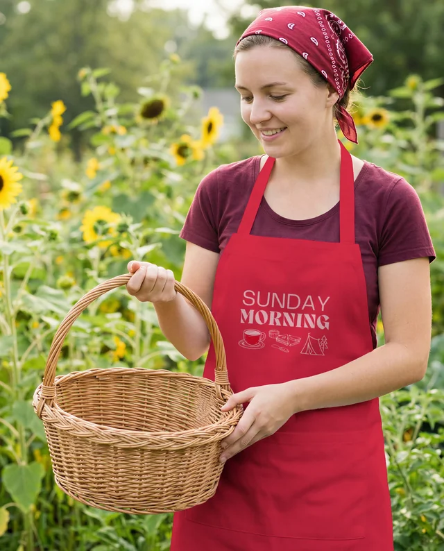 Young Woman in Apron Smiling in Sunflower Field Mockup