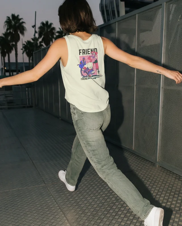 Confident Woman in Tank Top Mockup on Metal Walkway