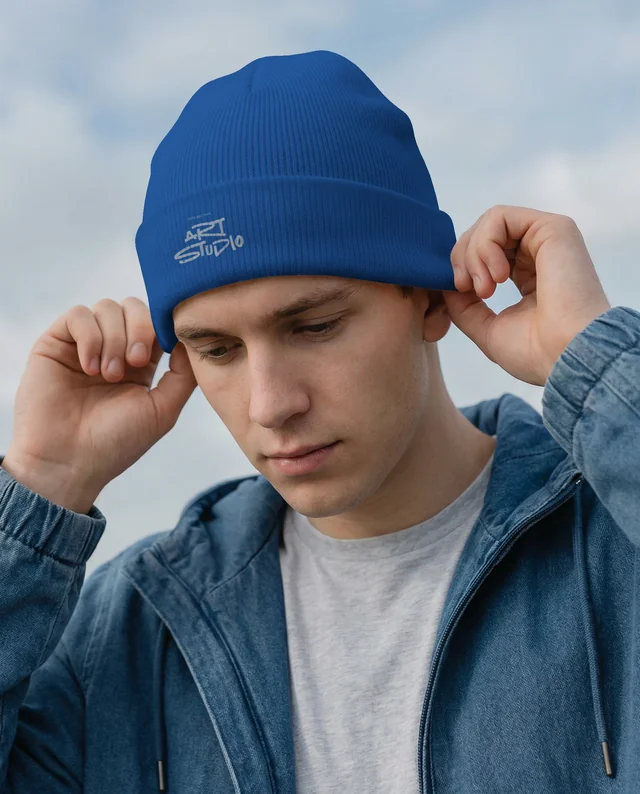Young Man in Light Beige Beanie Outdoor Mockup Scene