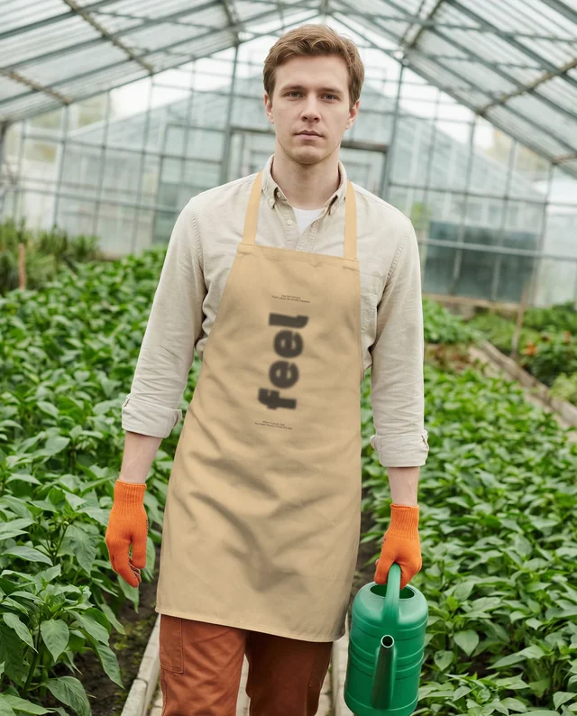 Young Gardener in Apron Mockup in Lush Greenhouse