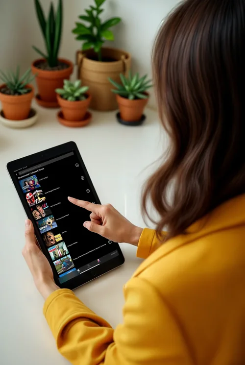 Stylish Mockup of Woman Using iPad in Home Office Setting