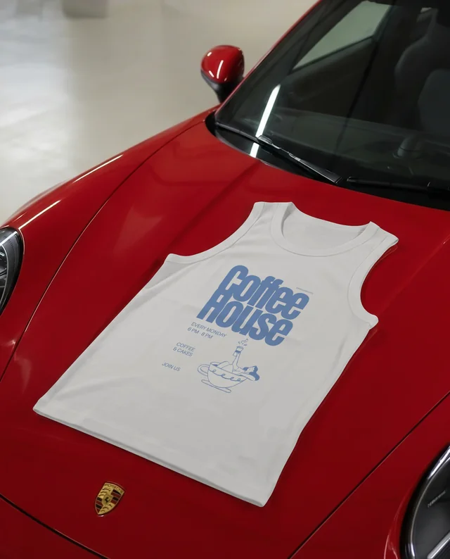 Glossy Red Porsche with White Tank Top Mockup in Garage