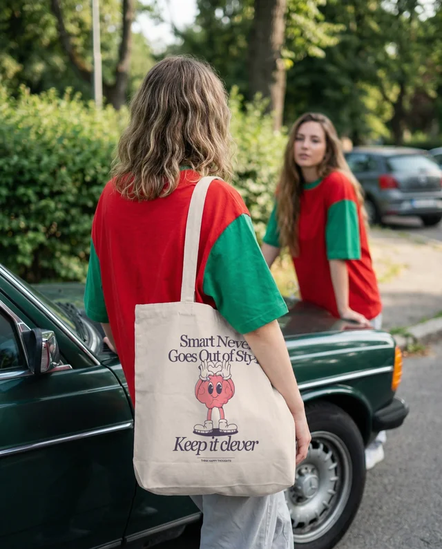 Casual Outdoor Mockup of Young Women with Tote Bag
