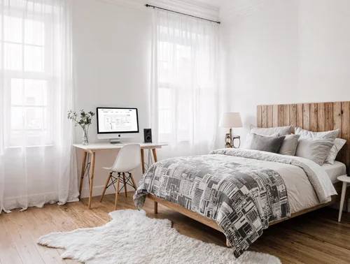 Modern Bedroom Mockup with iMac and Cozy Decor