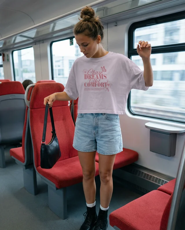Casual Crop Top Mockup in Modern Train Setting