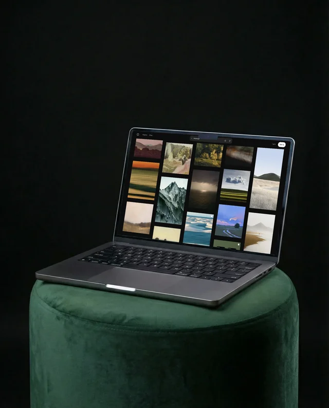 Sleek MacBook Mockup on Plush Green Velvet Stool