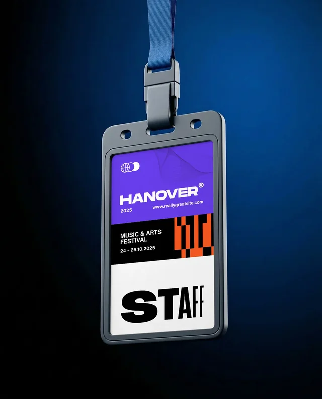 Modern ID Card Mockup with Blue Lanyard on Dark Background