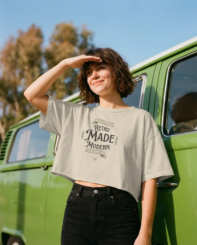 Carefree Young Woman in Crop Top by Vintage Green Van